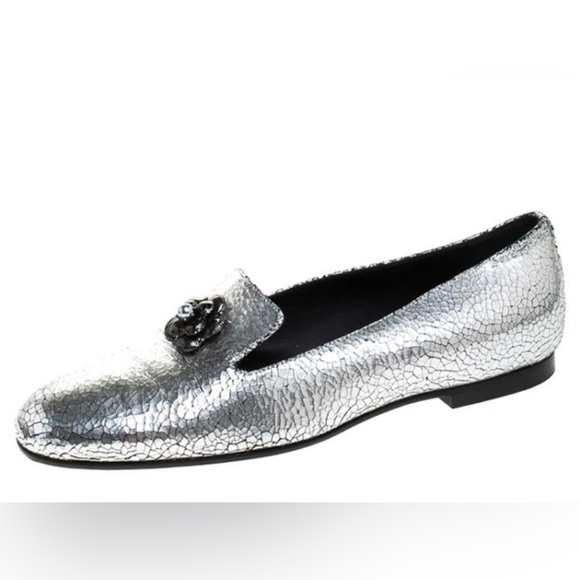 CHANEL Shoes - Chanel Camellia Leather Loafer - Size 8 - Silver- Karl Lagerfeld Collection 2015